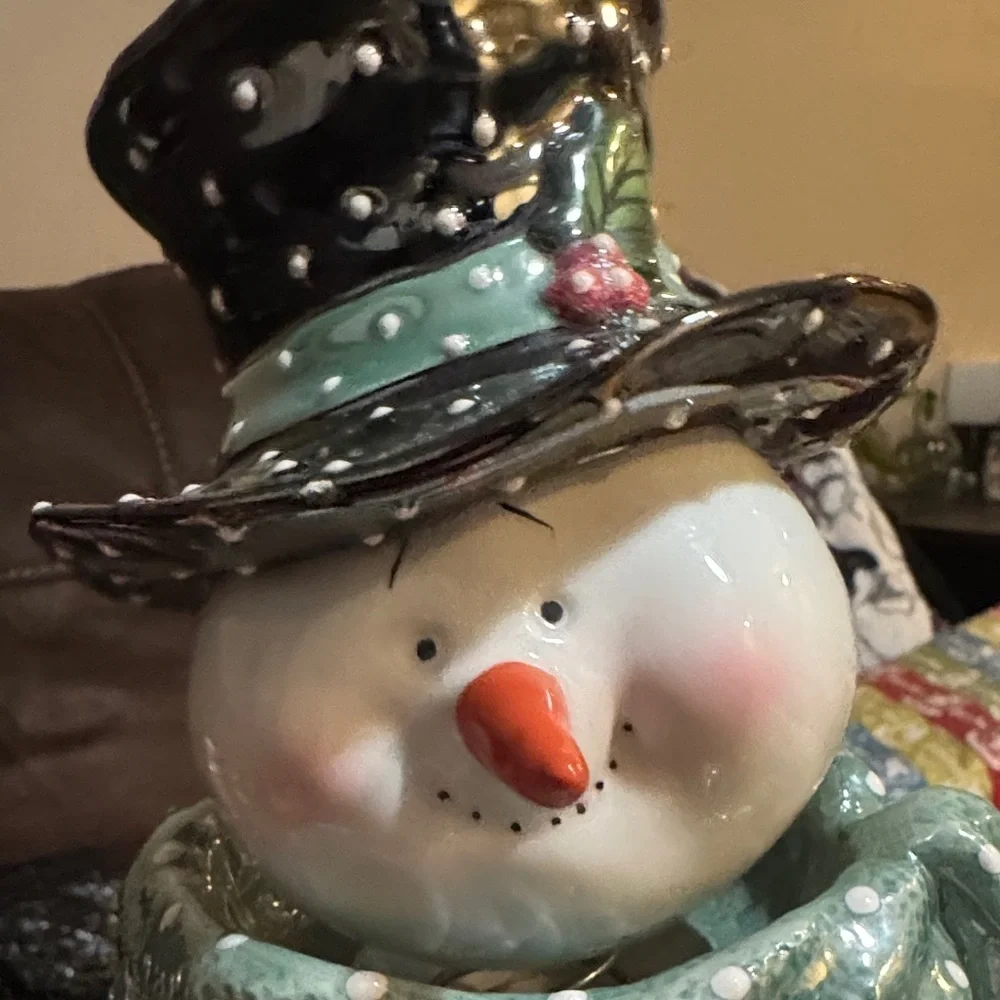 Occasions Festive Snowman piggy bank bobble head  with Black Hat and Green Scarf